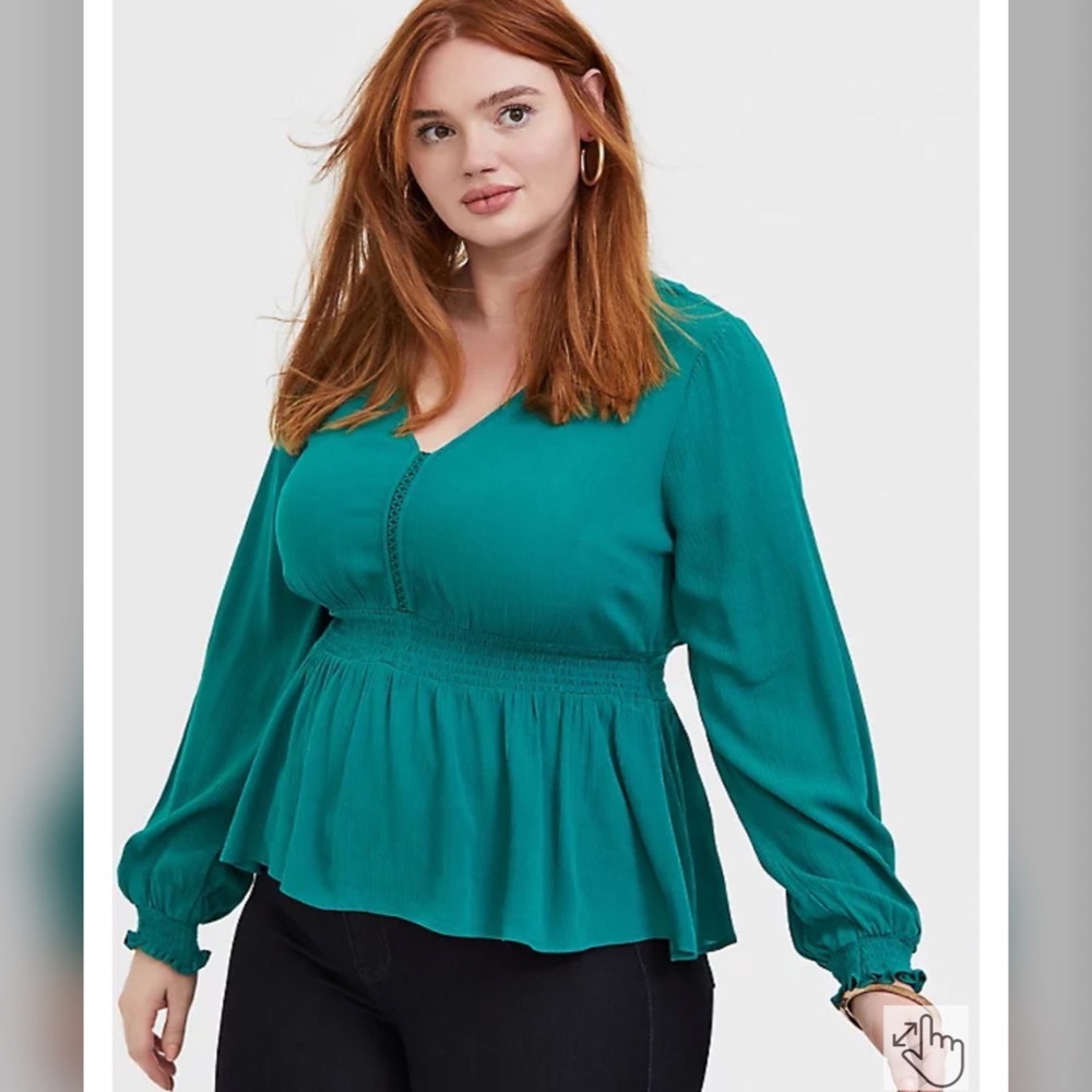 Emerald Green Gauze Smoked Peplum MIDI Blouse